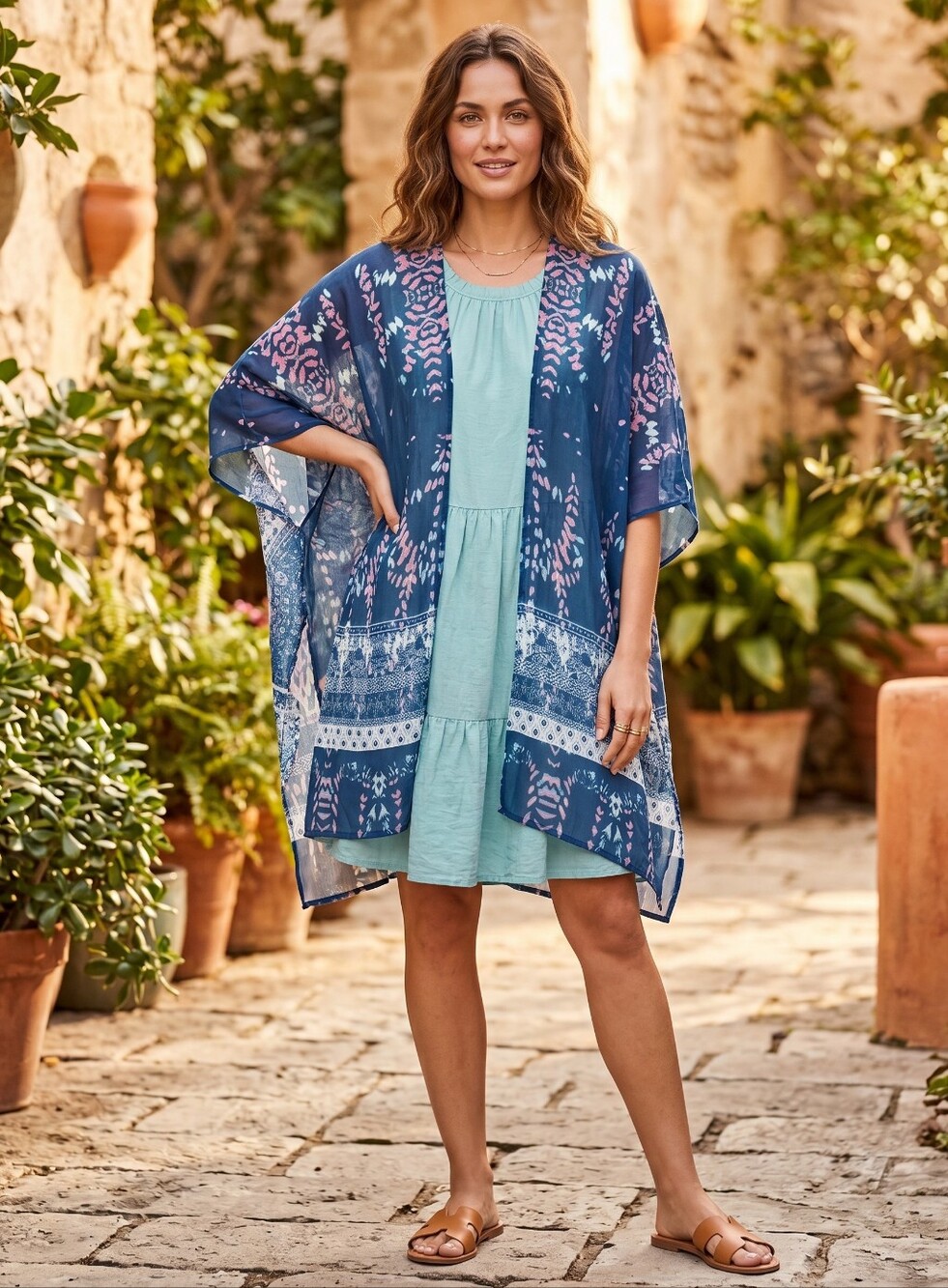 2pc Blue Patterned Women's Open-Front Kimono Jacket and Loft Dress Sz 18